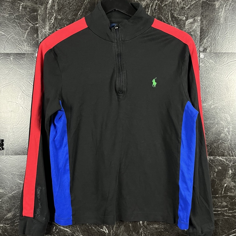 Polo Ralph Lauren Men's Black Striped Pima Quarter Track Jacket Small -Flaws